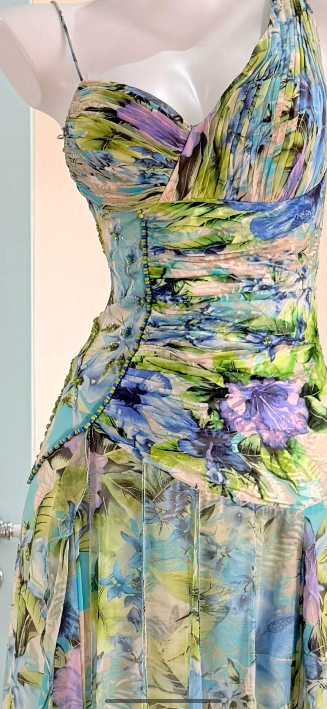 Unique Vintage A Line Straps Blue Green Print Floral Chiffon Prom Dress Outfits SH5508