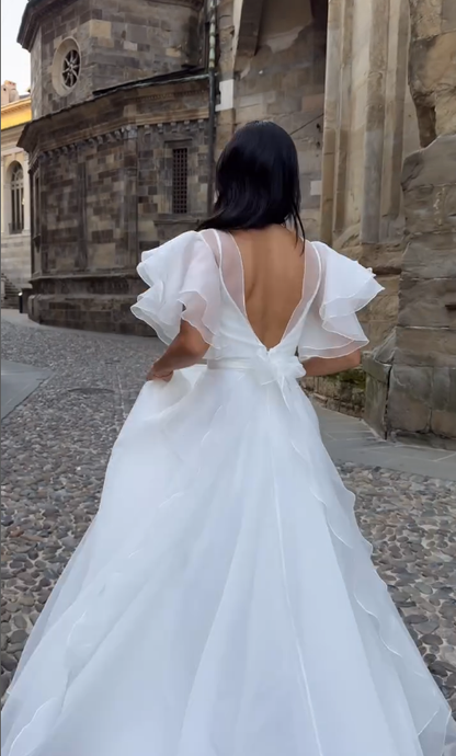 Stunning Ball Gown White Ruffle Organza Long Sweep Wedding Dress SH4709