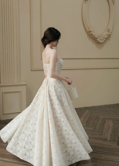 Sweety A Line Spaghetti Straps Long Sleeve White Lace Long Prom Dress SH5296