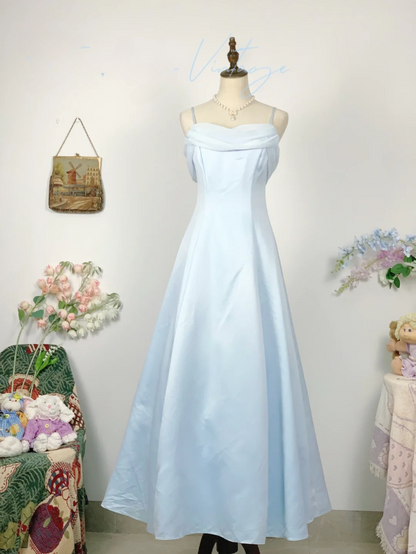 Vintage Baby Blue Simple A Line Spaghetti Strap Chiffon Satin Prom Dress Outfits SH4951