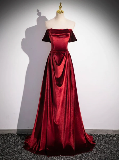 Burgundy Velvet Elegant A-Line Off Shoulder Formal Party Dress MD7184