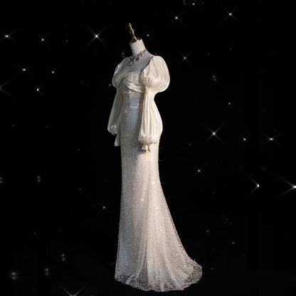 Stunning Ivory Long Sleeves Beading Sheath Wedding Dress Birthday Gown MD7606