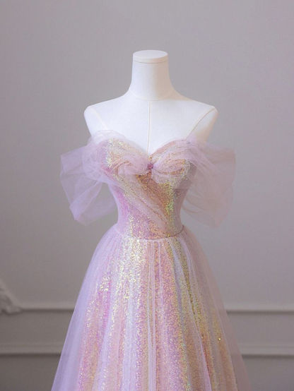Lovely Pink Off Shoulder A-Line Sequins Long Formal Party Dress MD7369