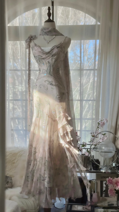 Light Pink Straps Mermaid Beaded Long Evening Dresses Birthday Outfits, D1072