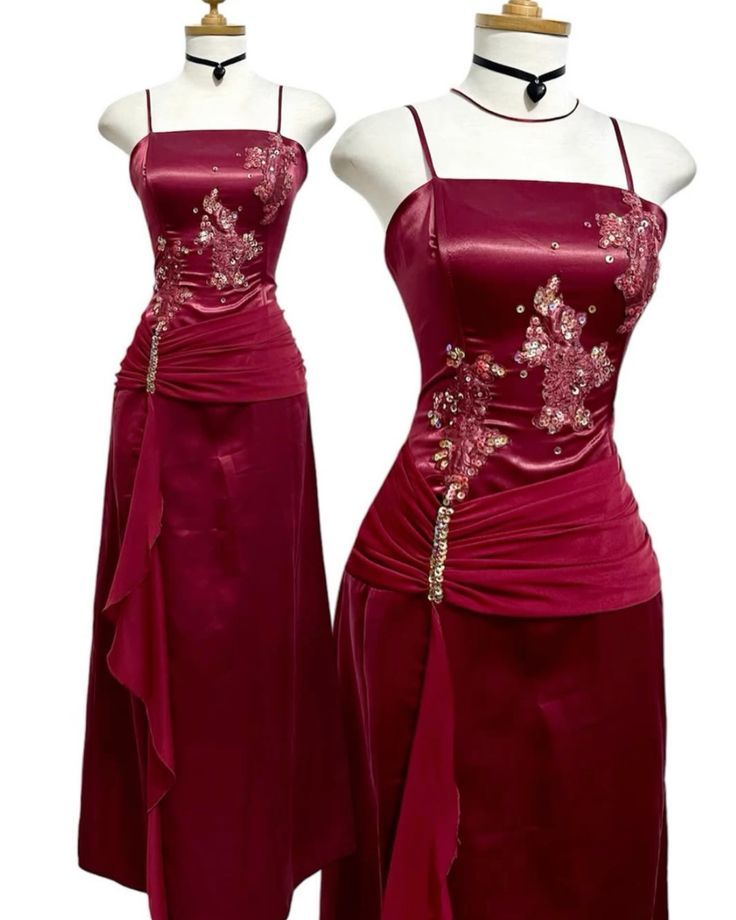 Wine Red Straps Sheath Satin Long Party Dress Vintage Evening Dress, D738