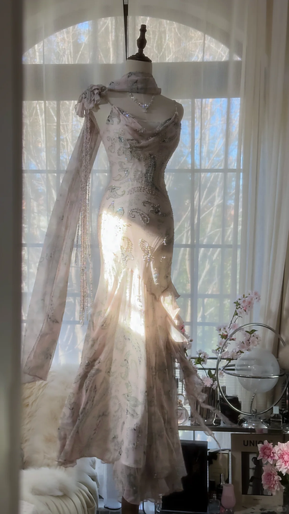 Light Pink Straps Mermaid Beaded Long Evening Dresses Birthday Outfits, D1072