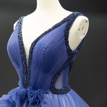 Gradient Blue V-Neck Ball Gown Prom Dress, Princess Quinceanera Dress MD7223