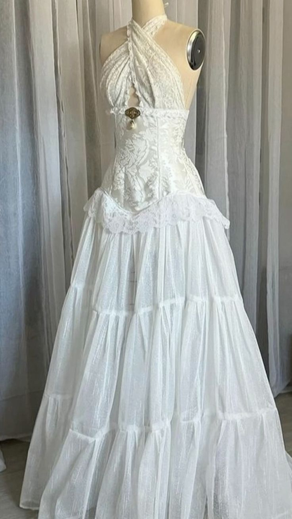 White Halter Neck A-Line Lace Vintage Wedding Dress Long Party Dresses, D848