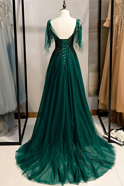 Green V-Neck Lace Long Prom Dress, A-Line Spaghetti Straps Evening Dress MD7254
