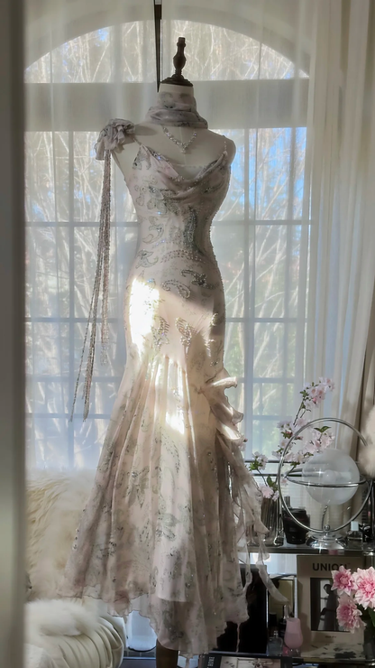 Light Pink Straps Mermaid Beaded Long Evening Dresses Birthday Outfits, D1072