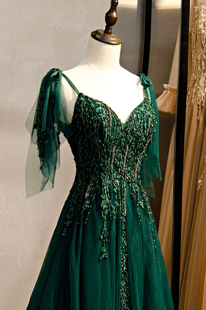 Green V-Neck Lace Long Prom Dress, A-Line Spaghetti Straps Evening Dress MD7254