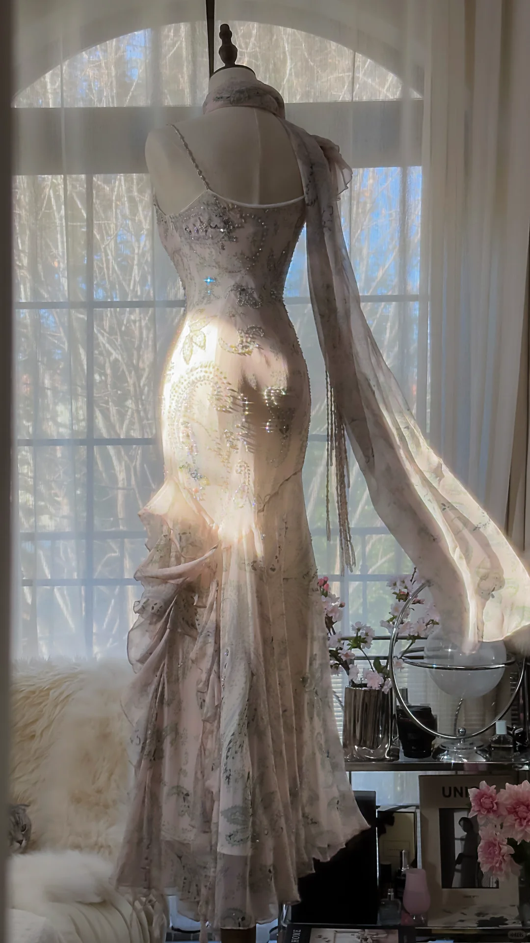 Light Pink Straps Mermaid Beaded Long Evening Dresses Birthday Outfits, D1072