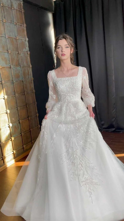 A Line White Square Neck Long Princess Wedding Dress    fg8167