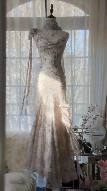 Light Pink Straps Mermaid Beaded Long Evening Dresses Birthday Outfits, D1072