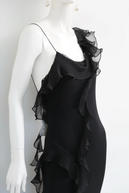 Vintage Flowy Sheath Straps Ruffle Black Chiffon Long Prom Dress Evening Dress SH5135