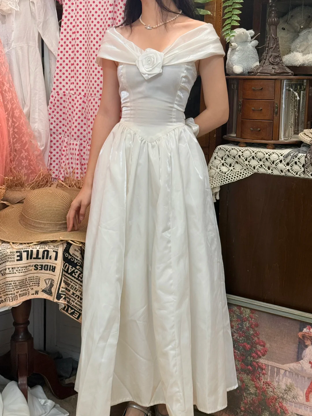 Vintage A Line V Neck Simple White Satin Prom Dress Date Dress SH5560