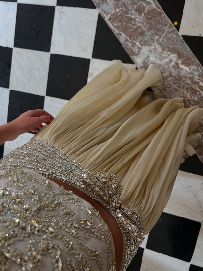 Two Piece Shiny A Line Puff Sleeve Beaded Satin Long Prom Dress Date Dress SH5558