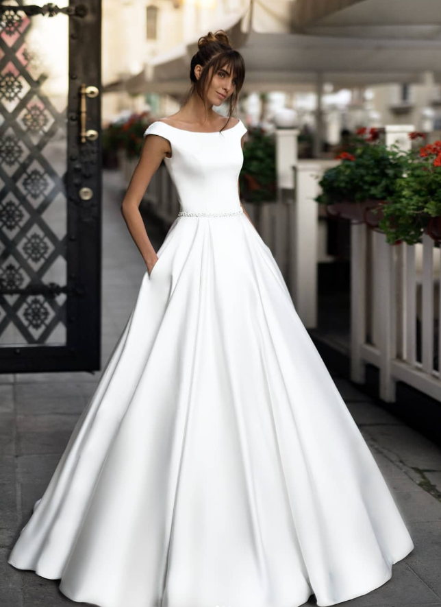 Stunning A Line Off the Shoulder Exquisite Beaded Satin Long Wedding Dress SH6040