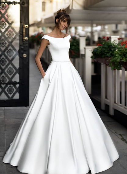 Stunning A Line Off the Shoulder Exquisite Beaded Satin Long Wedding Dress SH6040