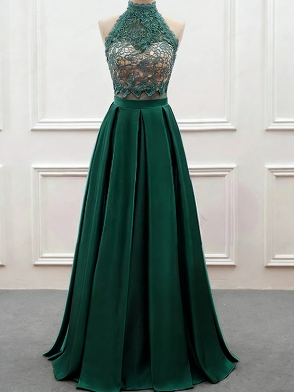A Line High Neck Prom Dress Backless Two Pieces Formal Evening Dresses Gala Gown M2571