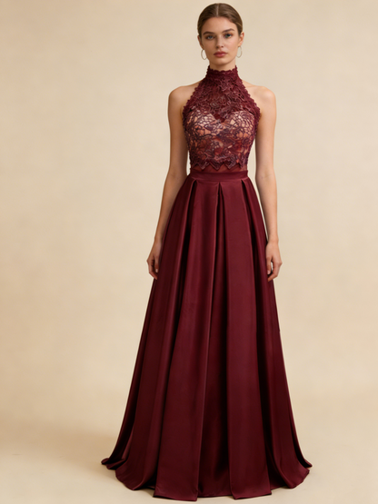 A Line High Neck Prom Dress Backless Two Pieces Formal Evening Dresses Gala Gown M2571