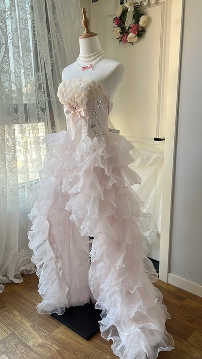 Stunning Homecoming Dress Strapless Tulle Hi-Lo Bowknot Back to School Outfits Party Dress  D6454