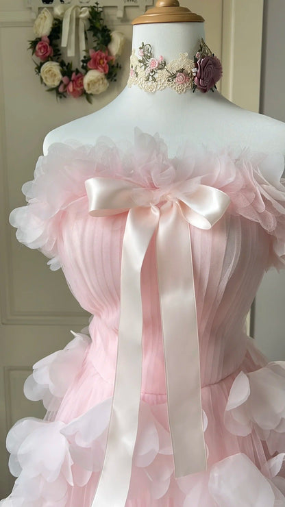 Sweet Homecoming Dress Strapless Tulle Flower Bowknot Back to School Outfits Party Dress  D6460