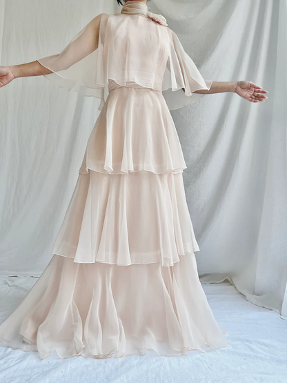 Modest High Neck A-Line Chiffon Layers Elegant Long Formal Party Dress, D782