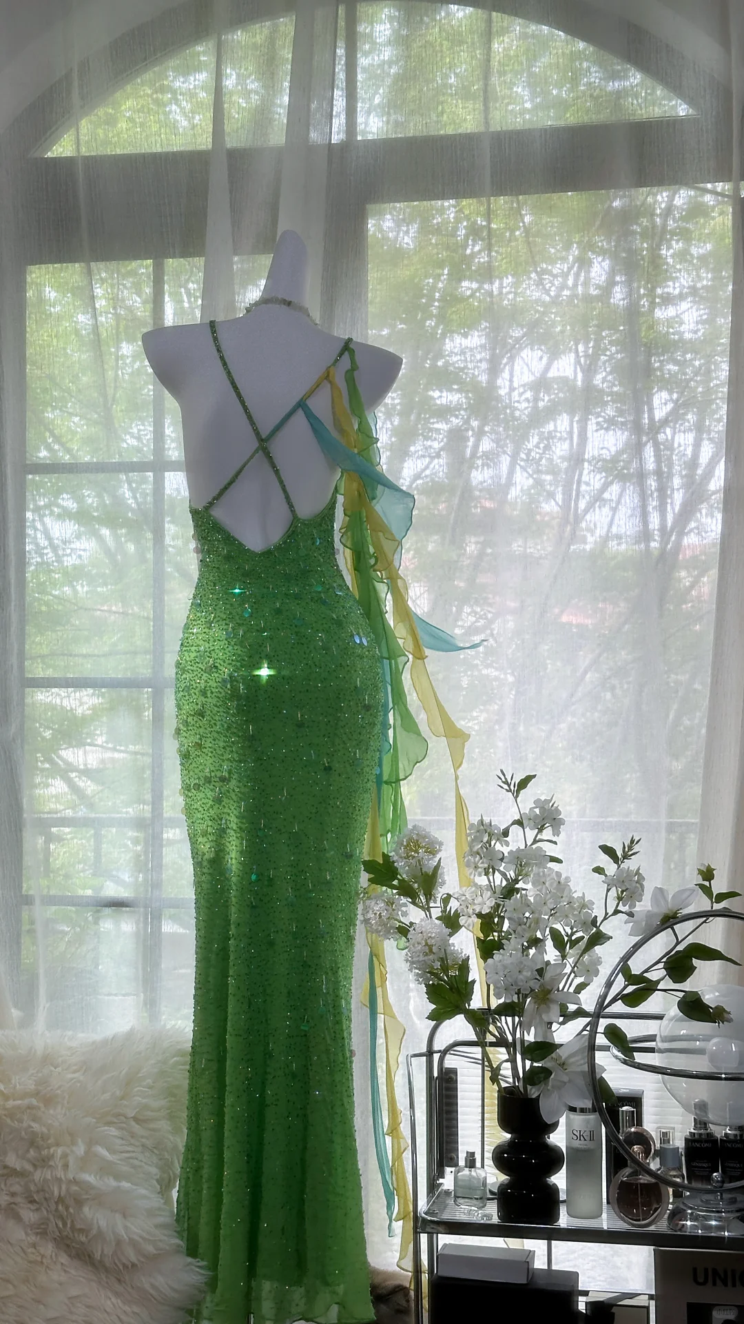 Vintage Shiny Sequin Green Spaghetti Strap Design A-line Romantic Chiffon Evening Dress Prom Dress D1505