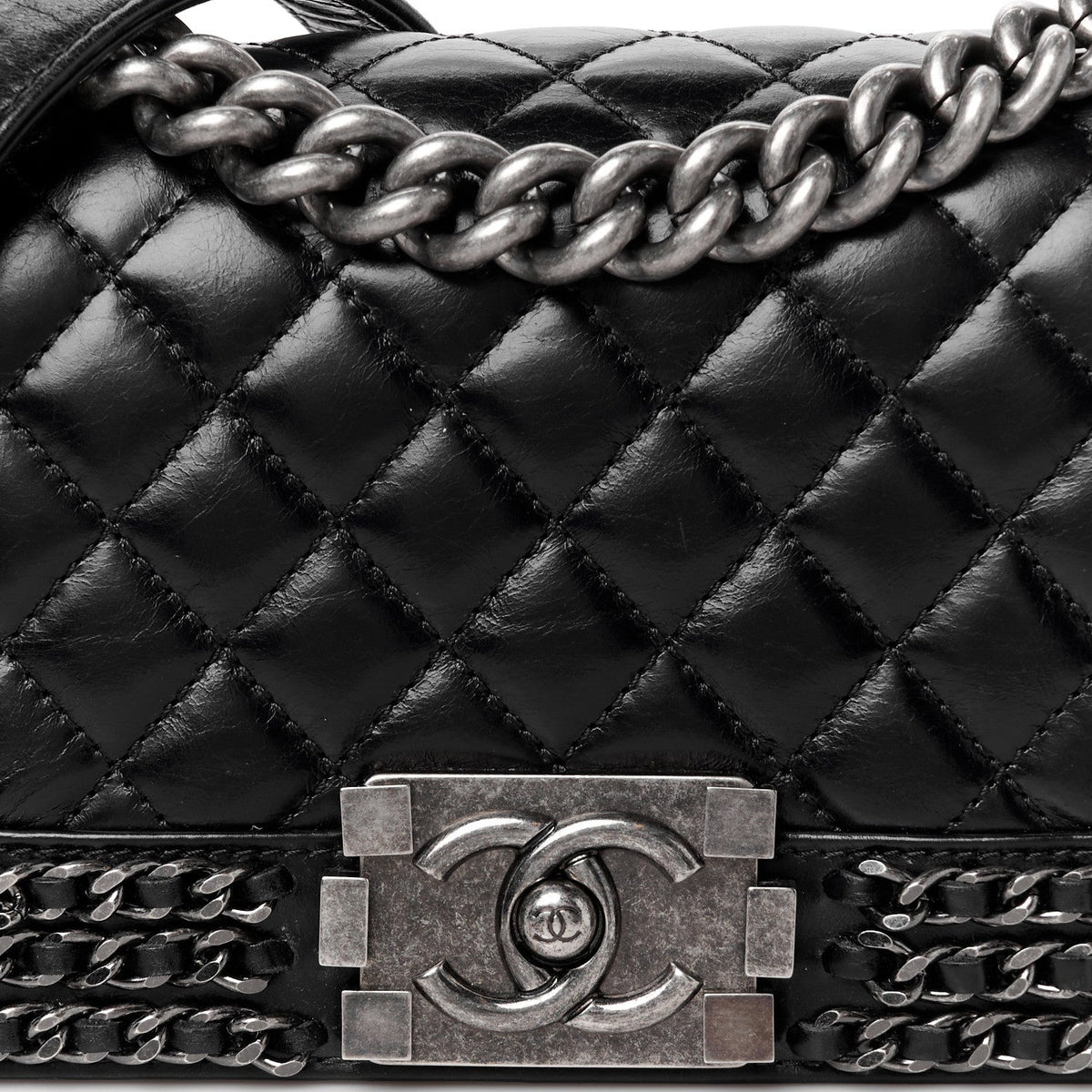 Glazed Calfskin Quilted Small Boy Chained Flap Black