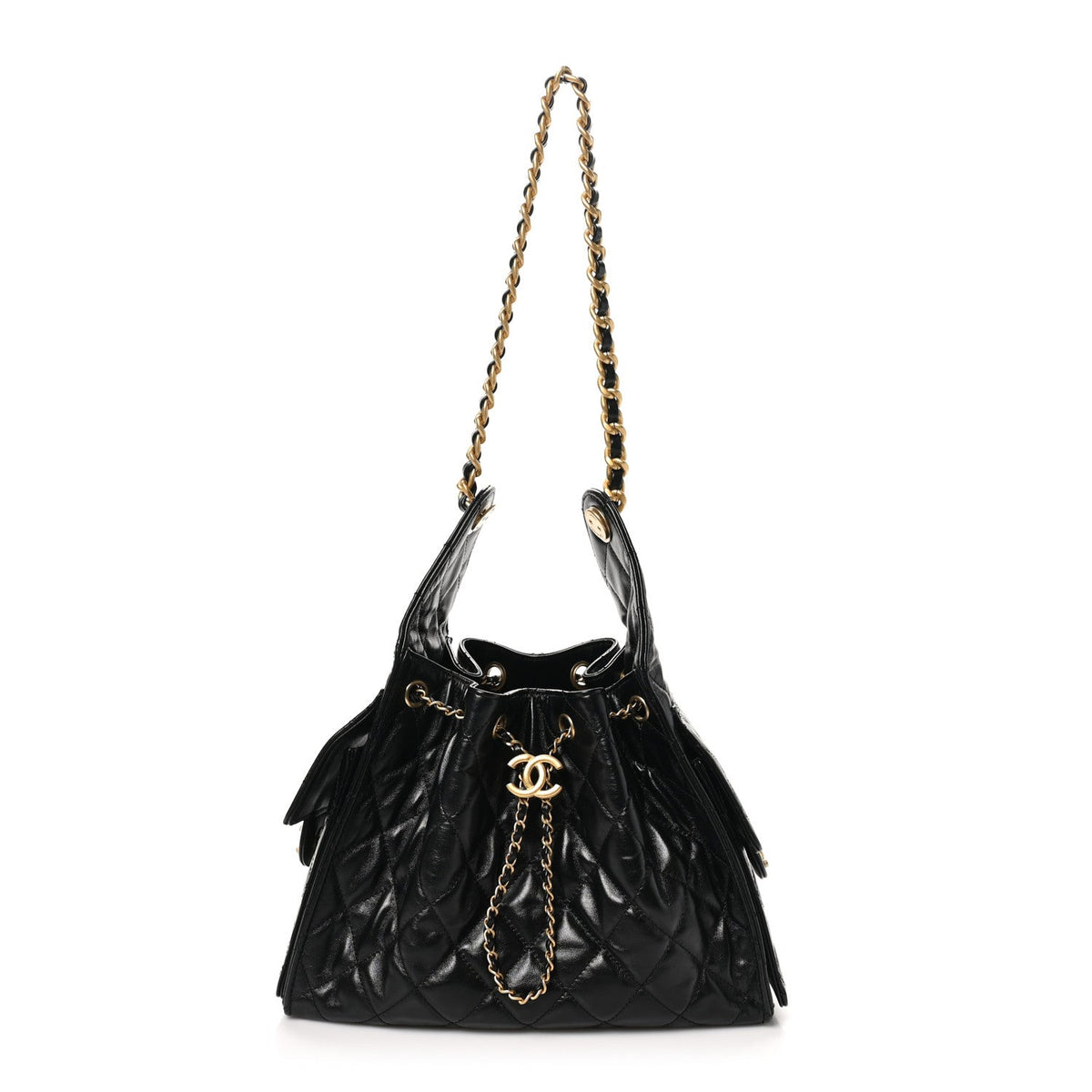 Shiny Calfskin Quilted Small Chanel 25 Handbag Black