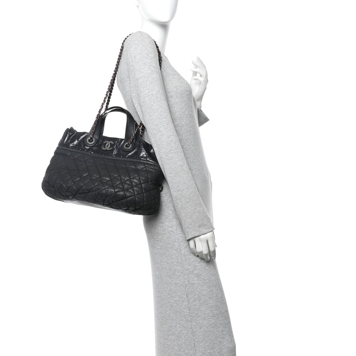 Iridescent Calfskin Quilted Large In The Mix Tote Black
