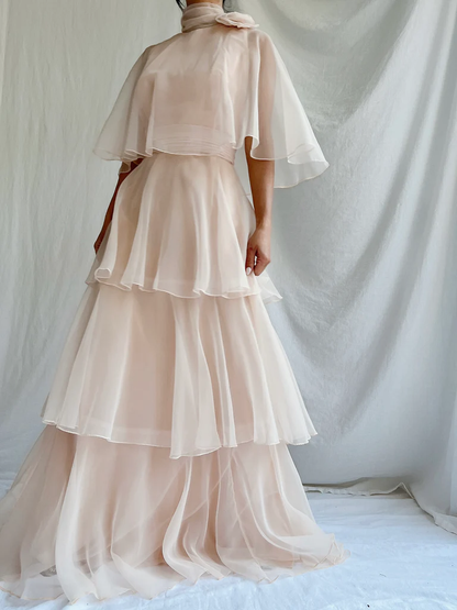 Modest High Neck A-Line Chiffon Layers Elegant Long Formal Party Dress, D782