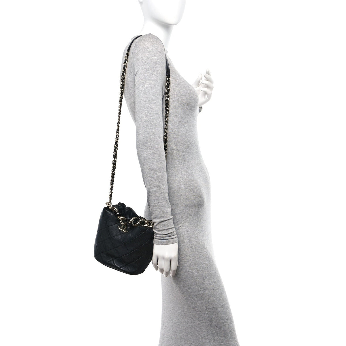 Lambskin Quilted Resin Bi-Color Chain Bucket Bag Black