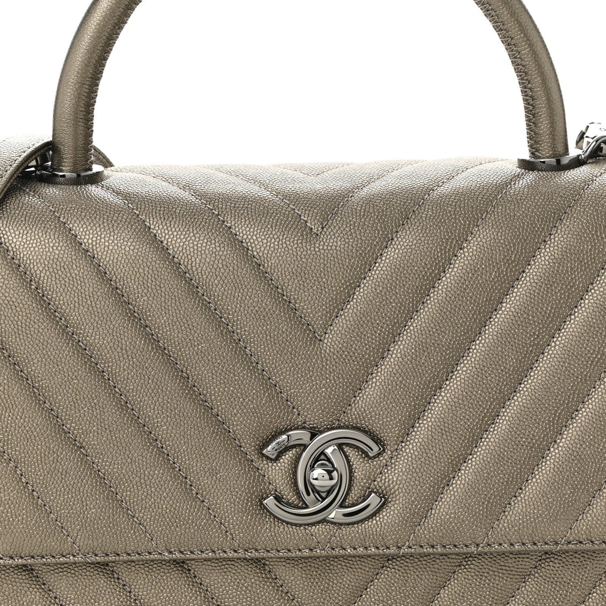 Metallic Caviar Chevron Quilted Small Coco Handle Flap Light Gold