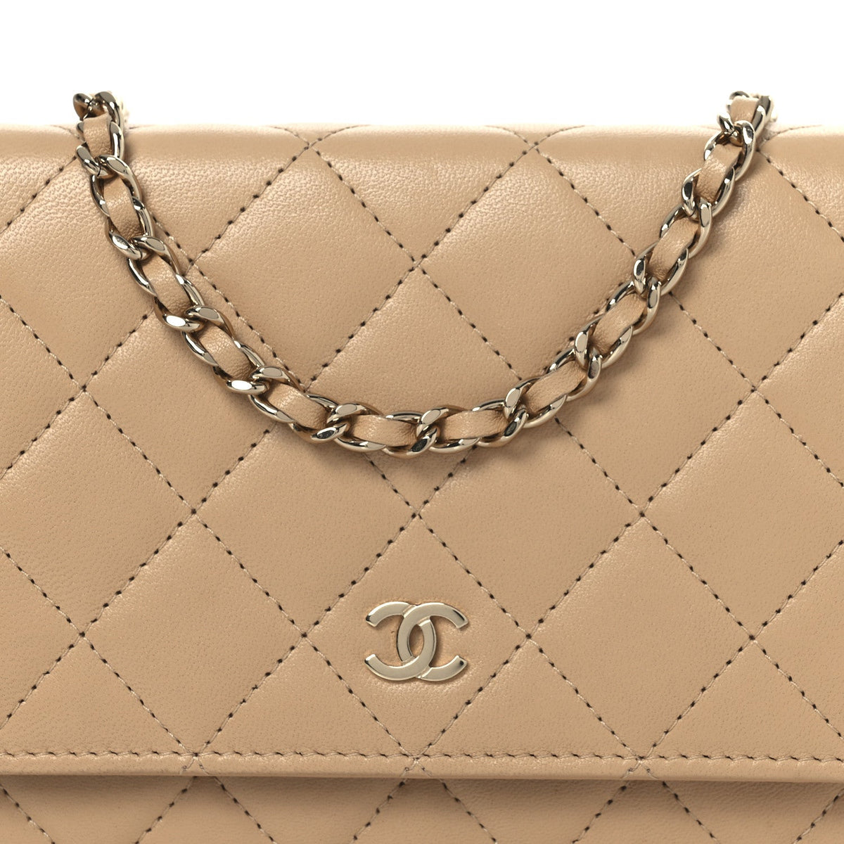 Lambskin Quilted Wallet On Chain WOC Beige