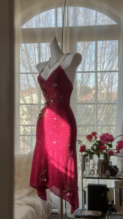 Vintage Shiny Sequin Rose Red Backless Design A-line Romantic Chiffon Evening Dress Prom Dress D1506