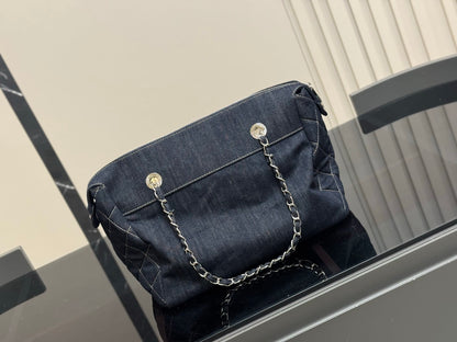 CHANEL BOWLING HANDBAG BLUE DENIM JEANS 32CM