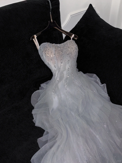 Fashion Sparkling White Beaded Sequin Mermaid Elegant Tulle Evening Dress Prom Dresses D1633