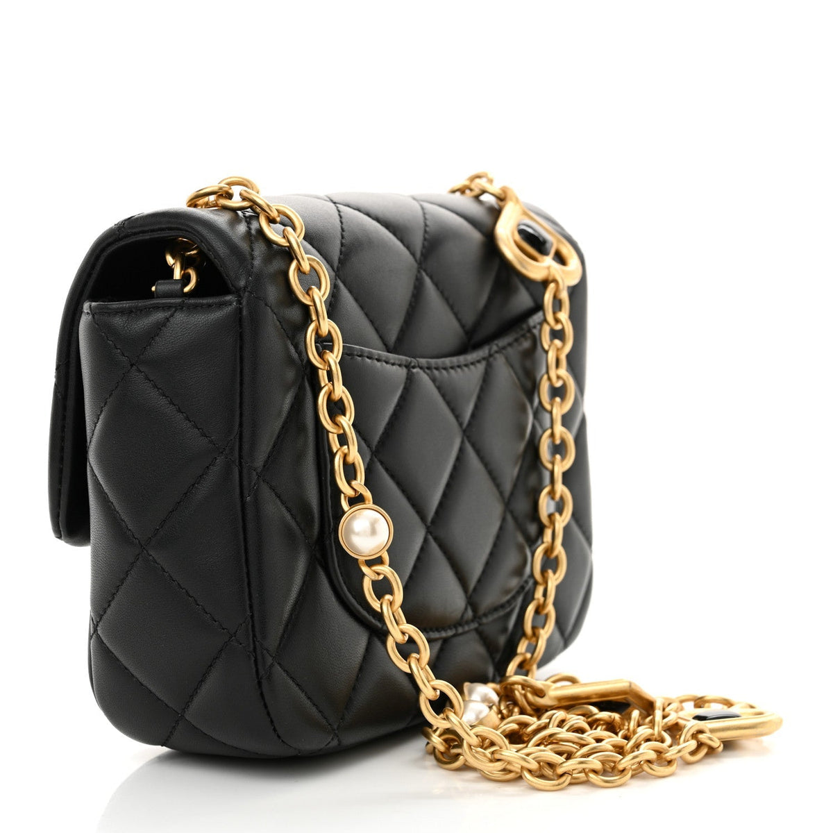 Lambskin Enamel Pearl Quilted Mini Charm Me Square Flap Black