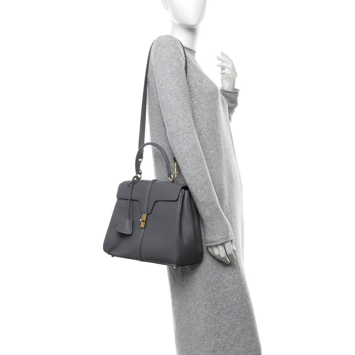 Grained Calfskin Medium 16 Top Handle Bag Grey