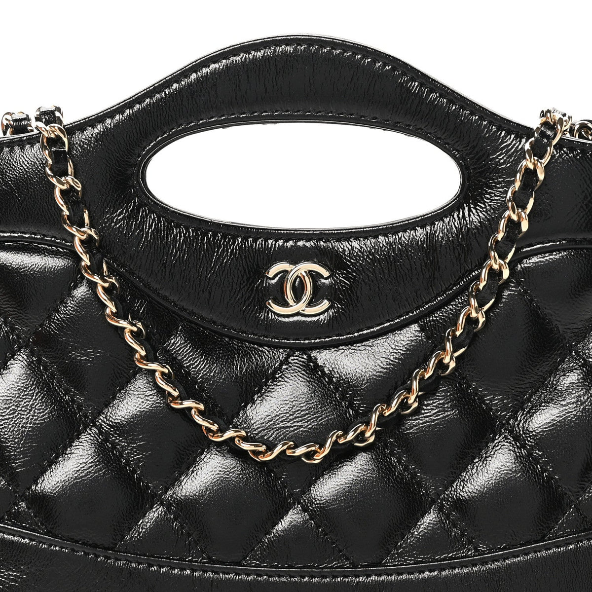 Shiny Crumpled Calfskin Quilted Nano 31 Shopping Bag Black