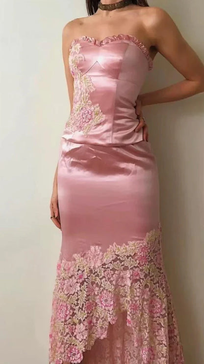 Lovely Pink Two Pieces Strapless Sheath Satin Long Party Dress Birthday Outfits, D918