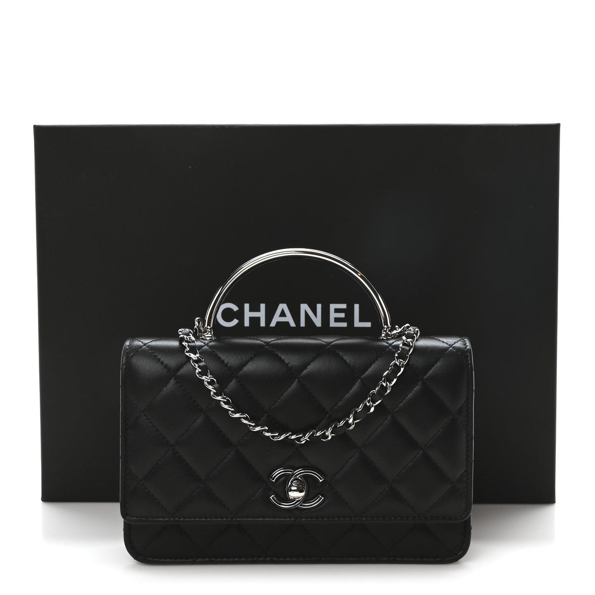 Lambskin Quilted Metal Top Handle Wallet On Chain WOC Black