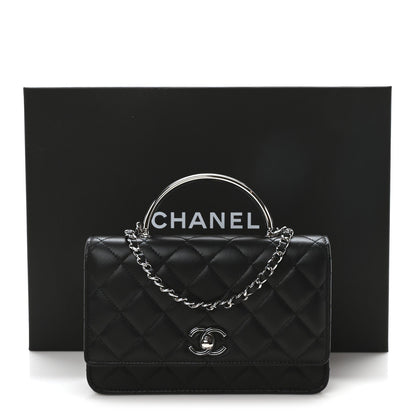 Lambskin Quilted Metal Top Handle Wallet On Chain WOC Black