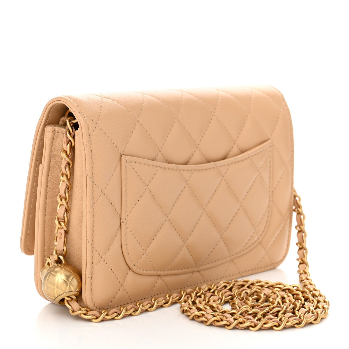 Lambskin Quilted CC Pearl Crush Wallet on Chain WOC Beige
