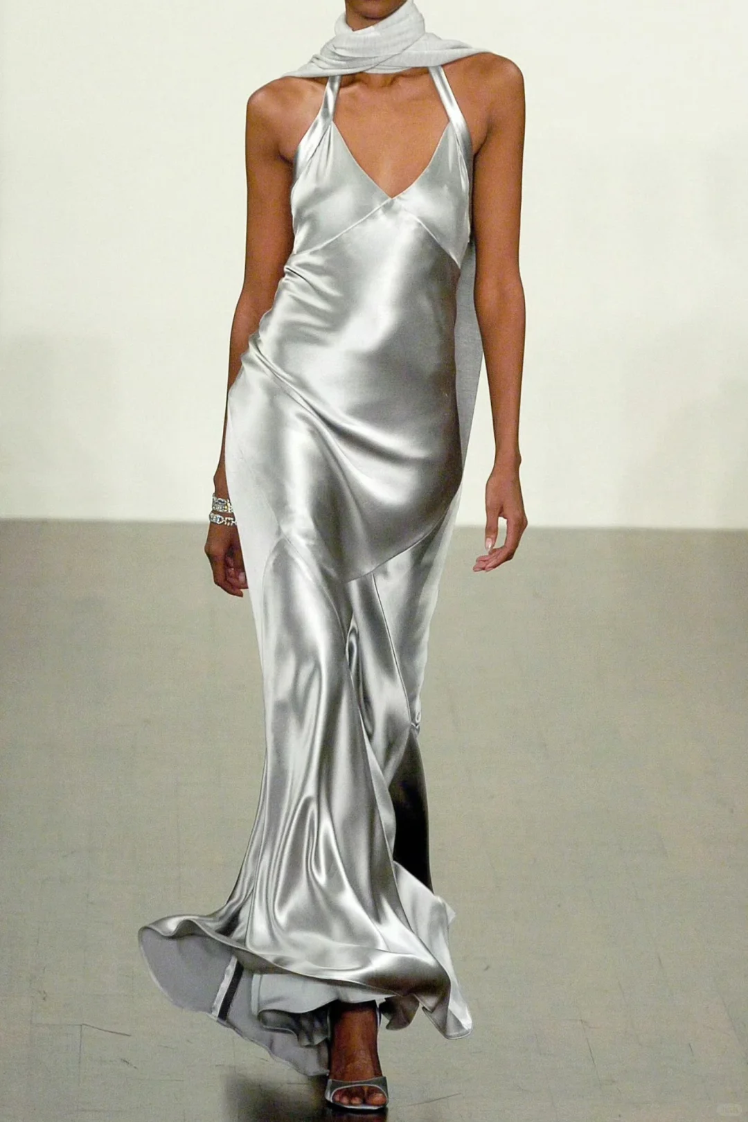 Unique Mermaid Halter Simple Silver Satin Open Back Prom Dress Wedding Guest Dress SH4919