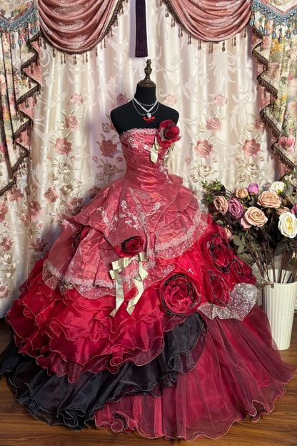 Wine Red Strapless A-Line Lace Floral Long Prom Dress Evening Ball Gown Sweet16 Dress, D767