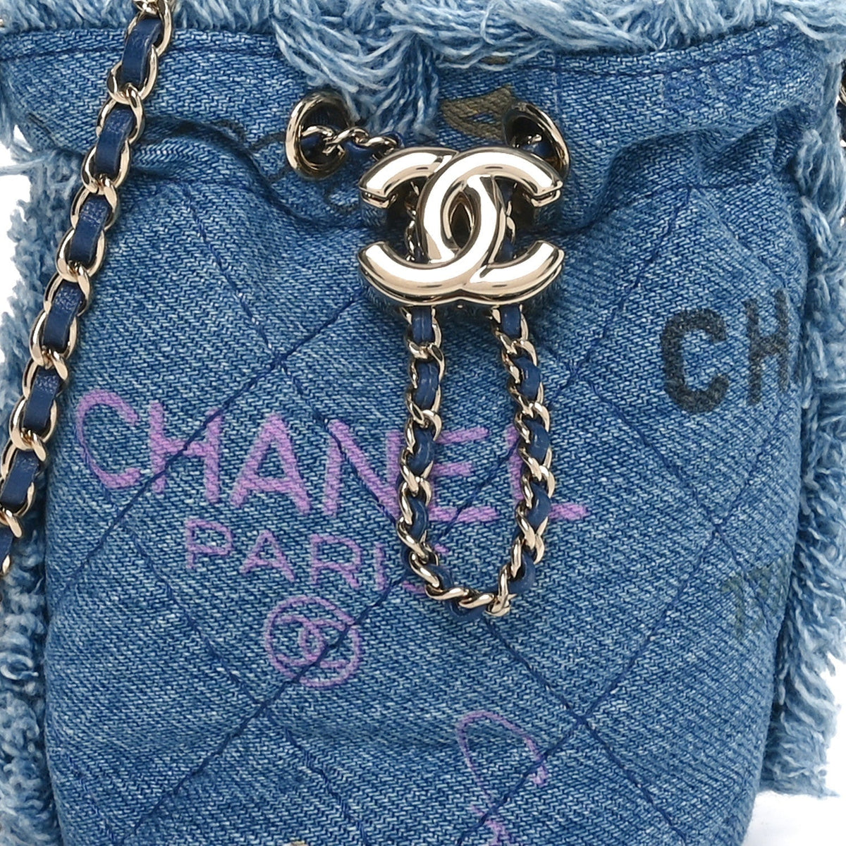Denim Quilted Mood Mini Bucket With Chain Blue Multicolor