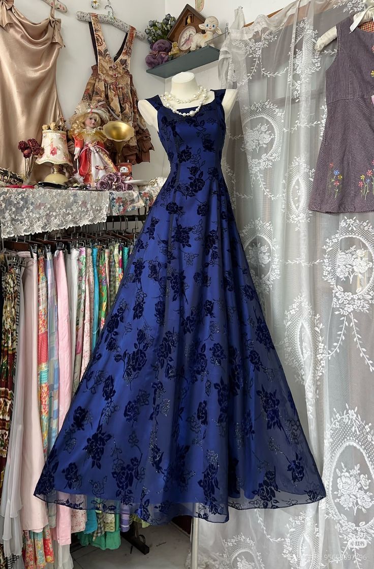 Vintage A Line Straps Print Floral Chiffon Navy Blue Satin Prom Dress SH5516